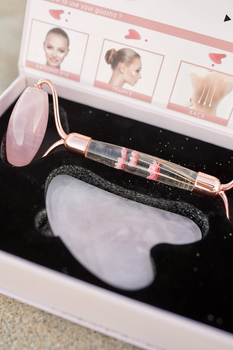 Rose Quartz Facial Gua Sha Face Roller Set - shop.greenmoon